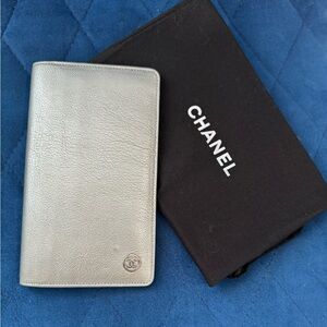 CHANEL Metallic Silver Long Bifold Calfskin Leather Wallet with dust bag